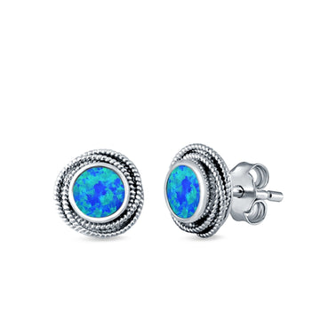 Round Rope Stud Earrings Lab Created Blue Opal 925 Sterling Silver (10mm)